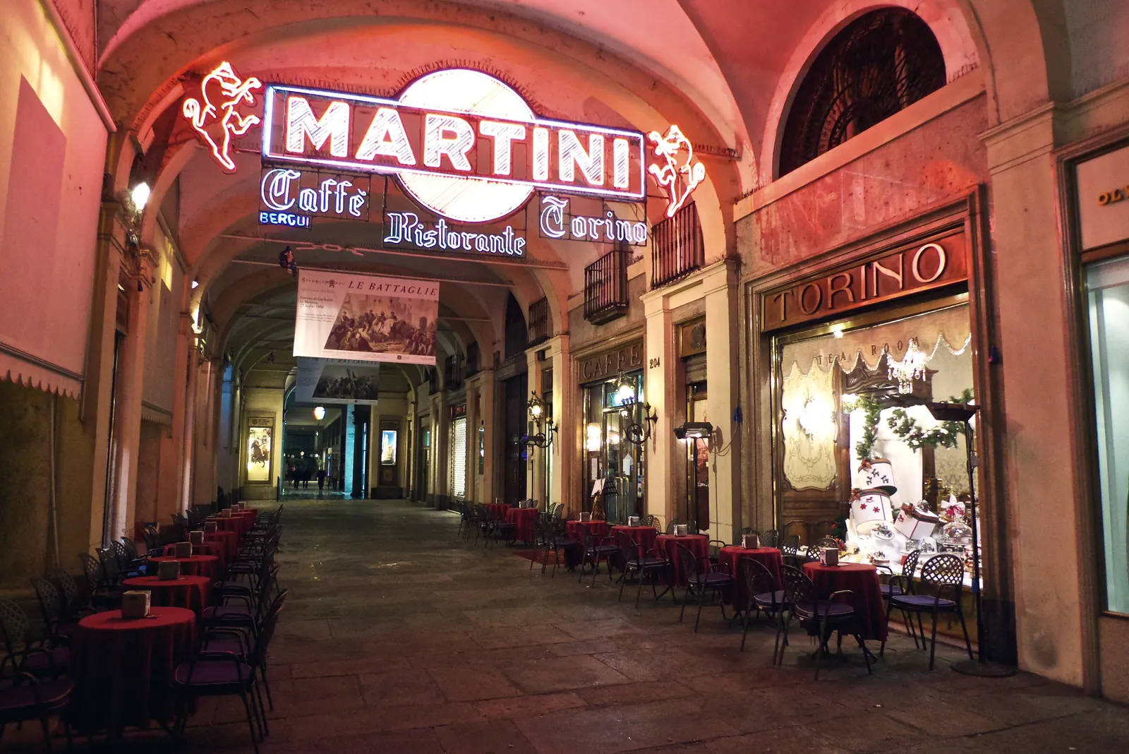 The arcades of Piazza San Carlo in Turin at night